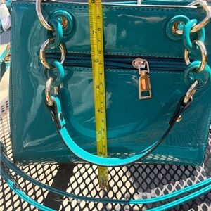 Glossy Teal Patent Top-Handle Bag with Chain Detail